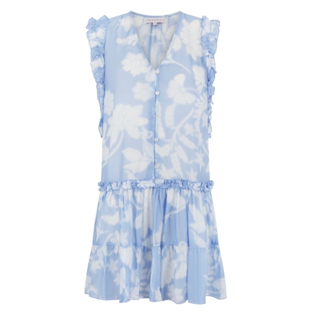 PRANELLA Company Ginger Cornflower Haze Mini Dress Ruffle Modal Cupro XS $225